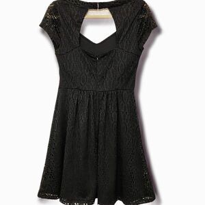 Kaari Blue black lace back key hole fit and flare skater dress-Small